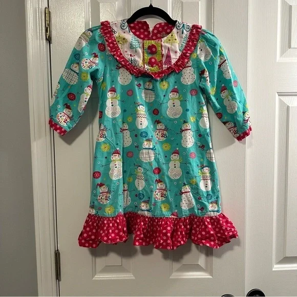 Jelly The Pug Snowman Holiday Ruffle Dress 100% Cotton Girls Size 8 - Picture 2 of 7